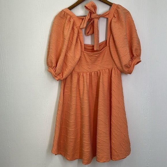 Free People - Orange Square Neck Puffy Sleeves Fun Design Mini Swing Dress Sm - Picture 8 of 9